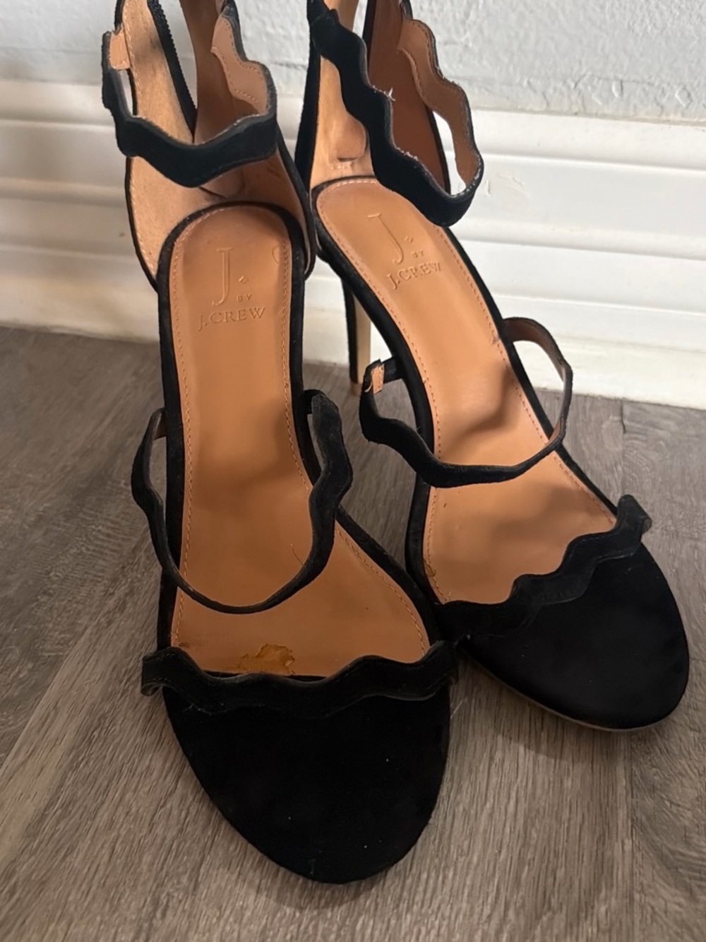 J. Crew Black Scalloped Suede Strappy High Heels